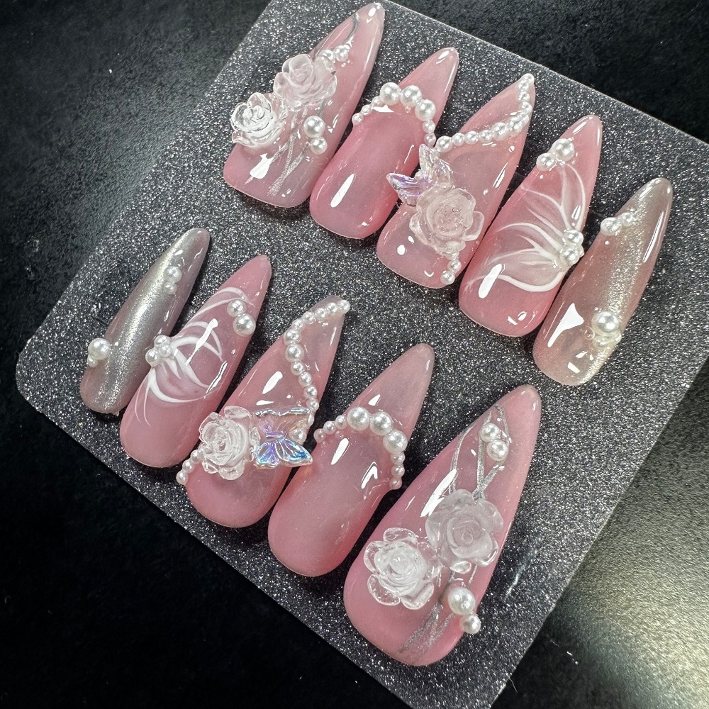 Long almond pink custom press on nails with roses